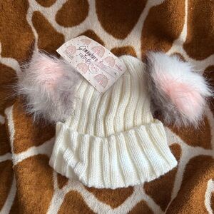 Somewhere Over The Rainbows White Knitted Double Pom Beanie Hat and Mitten Set